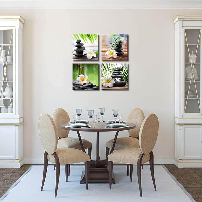 Yxbhhym-Zen Pictures Meditation Canvas Wall Art Spa Stone Green Room Decor White Frangipani Flower Poster Painting Zen Artwork for Bathroom Wall Dรฉcor Living Room Kitchen Decorations Framed Art