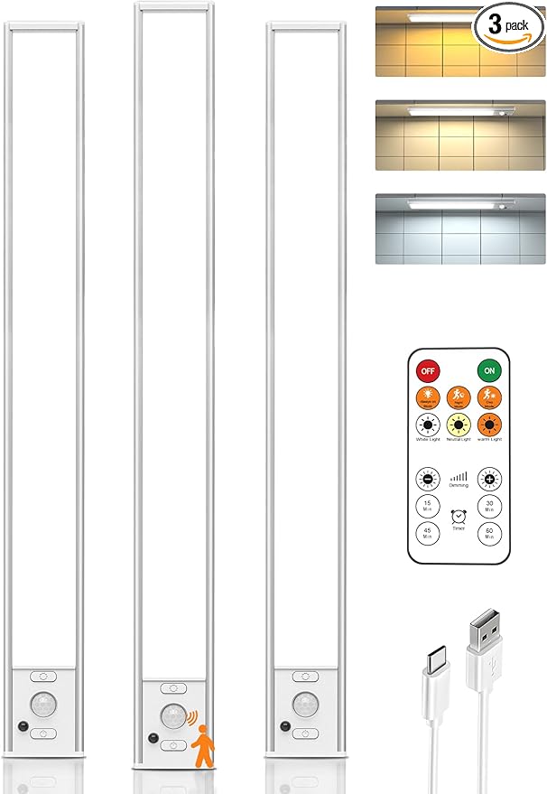 Under Cabinet Lights,80 LED Motion Sensor Light Indoor,4000mAh USB Rechargeable Closet Lights with Remote Control,3 Color Temps Wireless Under Counter Lights for Bedroom,Kitchen,Wardrobe,Stair