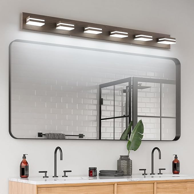 SineRise LED Modern Bathroom Vanity Light Fixtures (6-Light, 48-Inch, Dimmable), Brown Wood Painted Modern Acrylic Bathroom Wall Lighting Fixtures Over Mirror (Cool White 6000K)