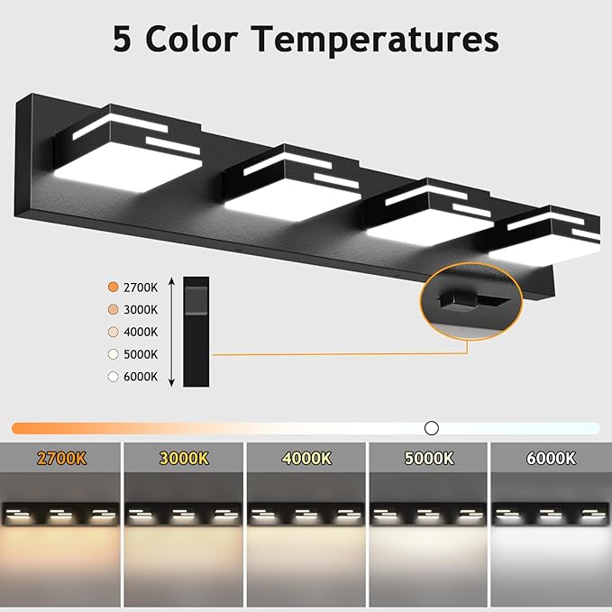 LED Modern Bathroom Vanity Light Fixtures 4-Light 5CCT Dimmable Matte Black Vanity Lights for Bathroom Lighting Fixtures Over Mirror, with 350° Rotatable Acrylic Heads, 28-inch