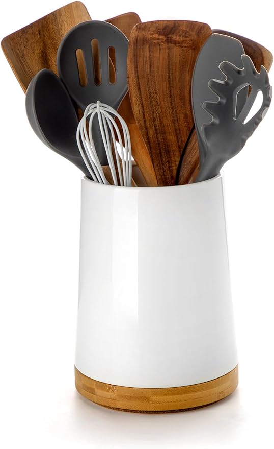 Nucookery 360° Rotating Utensil Holder, 8.2" Extra Large Ceramic Kitchen Utensil Holder for Countertop, Top Gathering Cooking Kitchen Decor for Counter (White)