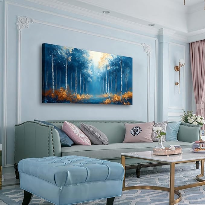 Blue Forest Pictures Canvas Wall Art for Living Room Bedroom Wall Decor,Forest Wall Art Print Paitnings for home Decor,Morden Abstract Fog Artwork Art Waterproof Stretched Ready to Hang-20x40inches