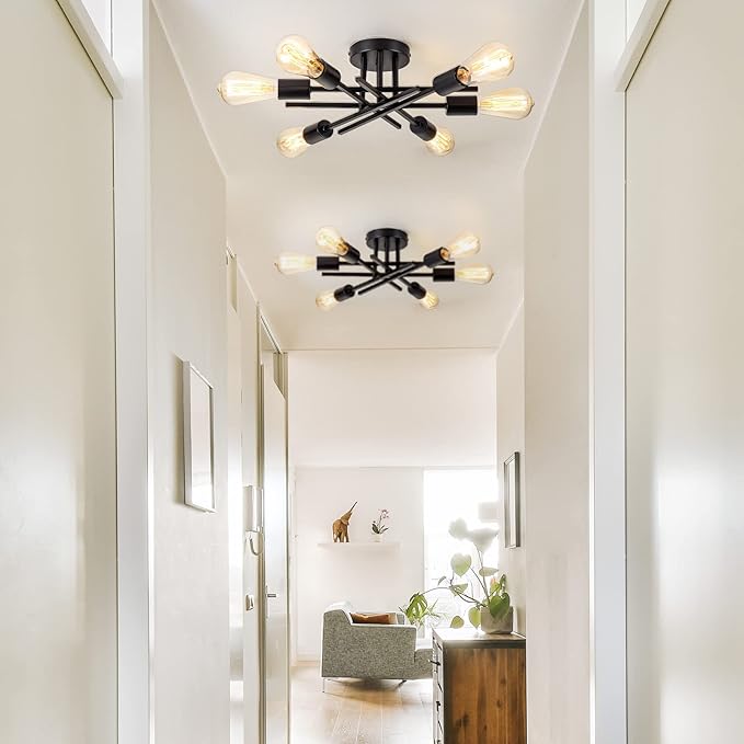 Sputnik Chandeliers, Modern Semi Flush Mount Ceiling Light with E26 Base, Mid Century Industrial Kitchen Farmhouse Light Fixtures for Bedroom Living Room (Black, Ceiling 6 Lights)