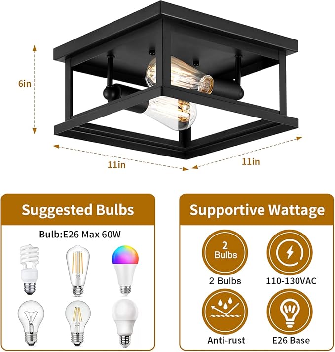 Drosbey 2-Light Flush Mount Ceiling Light Fixture, Farmhouse Light Fixtures, Industrial Vintage Ceiling Light for Kitchen, Bedroom, Hallway, Laundry