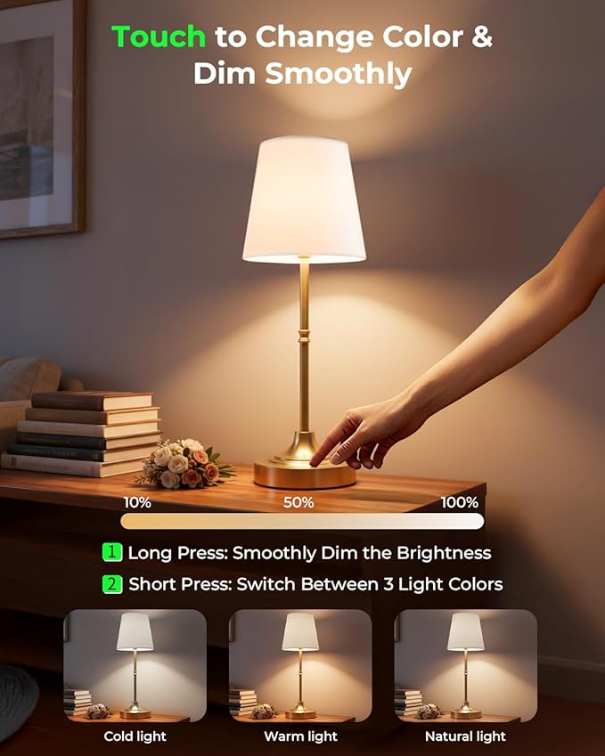 Cordless Rechargeable Lamp, Touch Dimmable Bedside Table Lamp with 3 Fabric Shade, 5200mAh Small Wireless Led Lamps for Nightstand, Portable Lamp for Bedroom, Living Room, Kitchen Counter, Brass