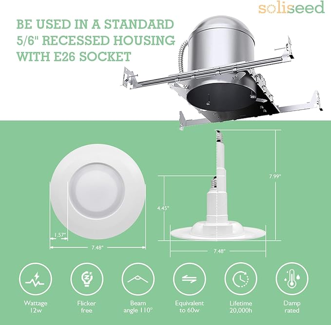 Soliseed 5/6 Inch LED Can Lights with Night Light,3000K Retrofit Recessed Lighting,12W=60W,800LM,Dimmable LED Replacement,Easy Retrofit Downlight Install,E26, Bevle Trim,6 Pack