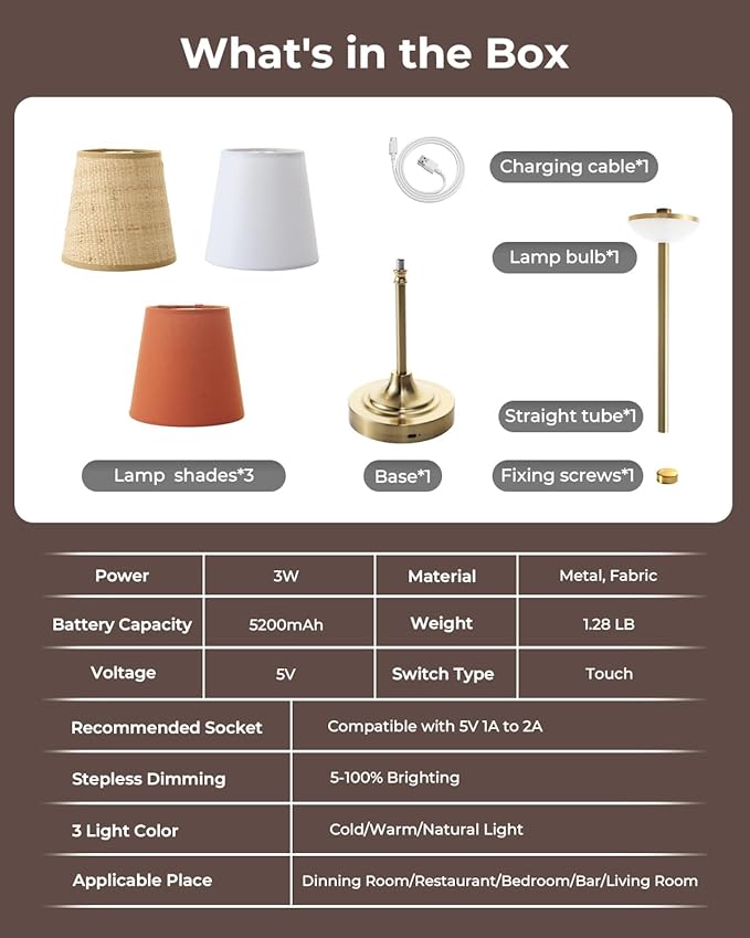 Cordless Rechargeable Lamp, Touch Dimmable Bedside Table Lamp with 3 Fabric Shade, 5200mAh Small Wireless Led Lamps for Nightstand, Portable Lamp for Bedroom, Living Room, Kitchen Counter, Brass