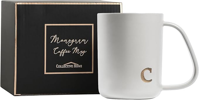 COLLECTIVE HOME - Ergonomic Handle Ceramic Mug, 15 oz Personalized Coffee Cup with Golden Initial, Microwave & Dishwasher Safe, Elegant Monogram Tea Mug in Gift Box for Home & Office (White-c)