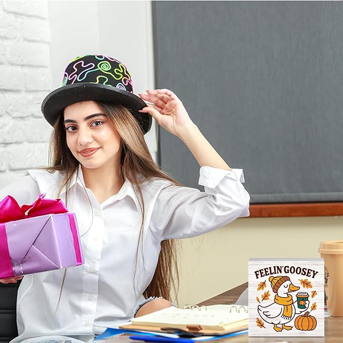 Feelin' Goosey Fall Decorations for Home Office Cute Silly Goose Fall Decor, Autumn Pumpkin Decorations for Bethroom Autumn Goose Gifts for Animals Lovers 5 x 5 inches (Tub 1703)