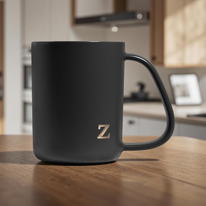 COLLECTIVE HOME - Ergonomic Handle Ceramic Mug, 15 oz Personalized Coffee Cup with Golden Initial, Microwave & Dishwasher Safe, Elegant Monogram Tea Mug in Gift Box for Home & Office (Black-z)