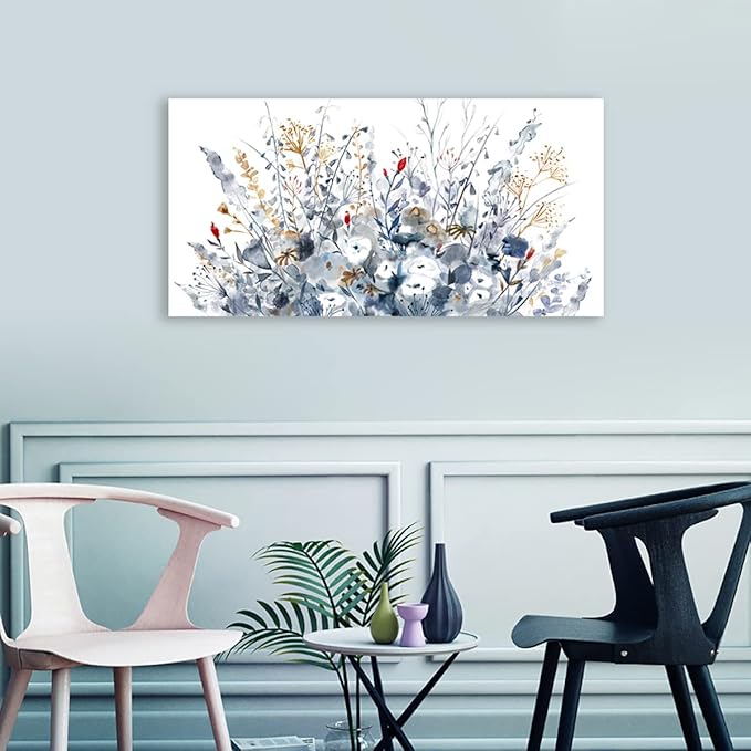 Flowers Canvas Wall Art for Living Room Wall Decor Indigo Floral Canvas Painting Watercolor Plants Pictures Vintage Botanical Flower Canvas Artwork for Bedroom Office Home Wall Decorations 29" x 58"