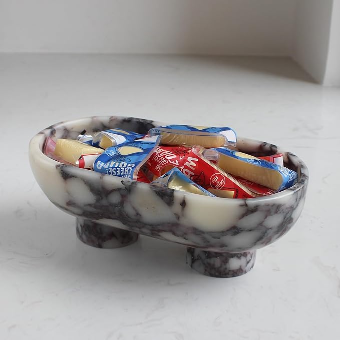 Natural Oval Calacatta Viola Marble Fruit Bowl for Kitchen Counter 10", Large Decorative Bowl Two-Legs for Home Decor, Fruits Holder For Dining Table - Kitchen Organization