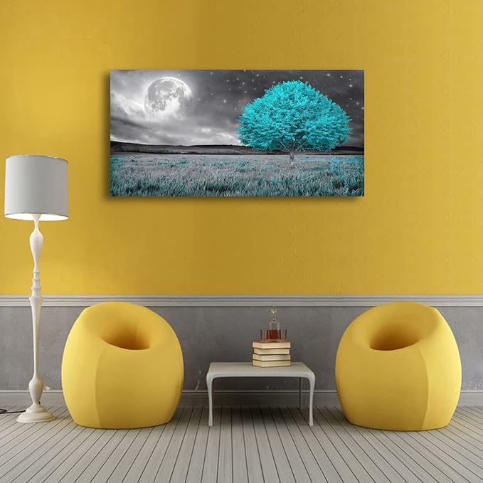 Tree of Life Wall Art Canvas Prints Natural Landscape Picture Home Decor Full Moon and Blue Tree Paintings for Living Room Bedroom Bathroom Kitchen Office Decorations 24x48 Wooden Frames Artwork