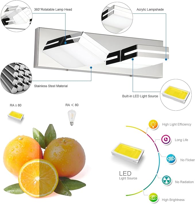 SineRise LED Modern Bathroom Vanity Light Fixtures (2-Light, 15.5-Inch), Chrome Modern Acrylic Bathroom Wall Lighting Fixtures Over Mirror (Cool White 6000K)