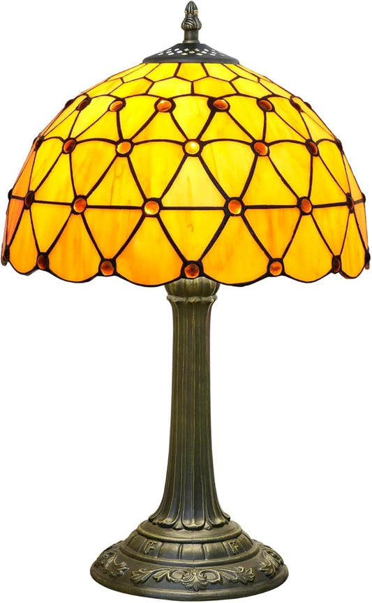 Tiffany Style Stained Glass Table Lamp Handmade Orange Tea Beads 12 Inch Warm Light Bedside Lamp For Bedroom Dorm Offee Shop Reading Study Home Decor Art Gift Retro Atmosphere Lighting Nightstand Lamp