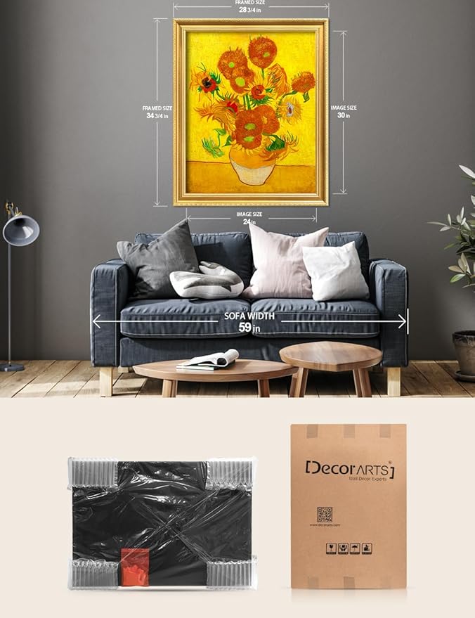 DECORARTS - Vincent van Gogh's Sunflowers. Giclee Canvas Print on Acid-Free Cotton, Ornate Gold Wood Frame with Classic Carved Details, 34.75 x 28.75 in, Ready to Hang, Made in USA