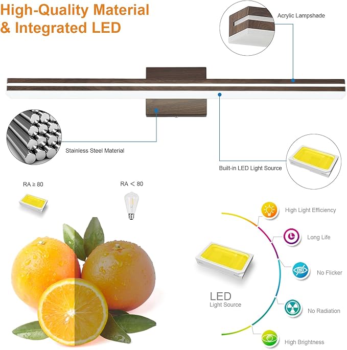 SineRise 32-Inch LED Modern Bathroom Vanity Light Bar, Brown Modern Acrylic Bathroom Wall Lighting Fixtures Over Mirror (Cool White 6000K)