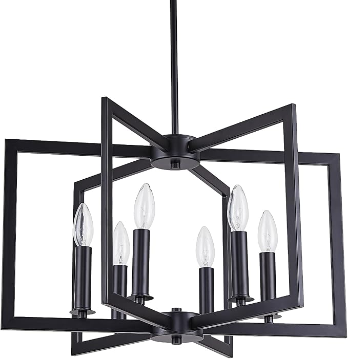 Dining Room Light Fixture, Modern Black Chandelier Farmhouse Metal Pendant Light for Foyer Enteyway Living Room Kitchen Island, 6 Wrought Iron Lights E12 Bulbs, Height Adjustable, 21.2 inch