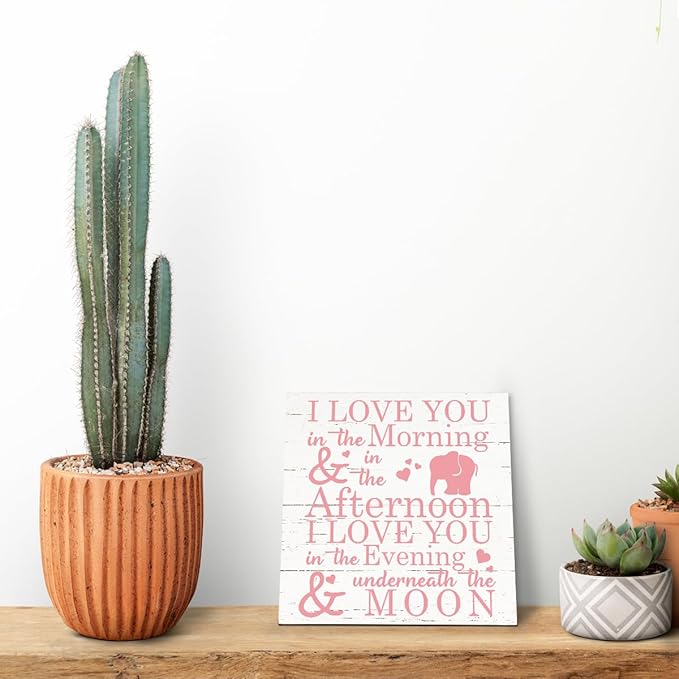 Love Sign, Wood Plaque Table Art Sign 6.2 * 6.2inch, Elephant Wood Sign for Nursery, Decoration for Baby Girls Room, Daughter's Room Decor, I Love You in the Morning Afternoon Evening & Moon E