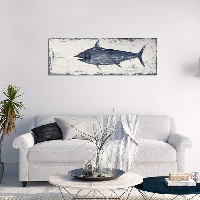 Yihui Arts Indigo Blue Swordfish Canvas Wall Art Painting Pictures for Living Room Bedroom Bathroom Decor