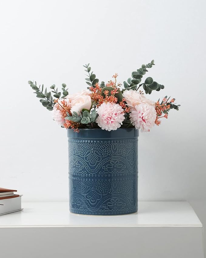 Fun Elements Kitchen Utensil Holder, 7.2" Super Large Utensil Crock Heavy and Stable Lace Emboss Ceramic Utensil Holder for Kitchen Counter (Grayish Blue)