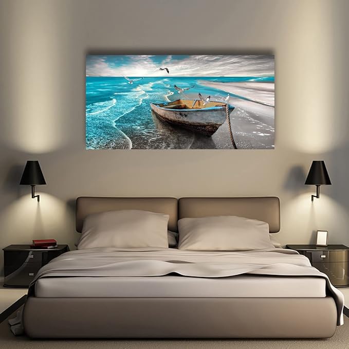 Beach Picture Canvas Wall Art Prints Black and White Waves Seascape Paintigns Home Decor Boat Seagulls Ocean Landscape for Living Room Bedroom Bathroom Decoration Natural Scenery Artwork 20x40inches