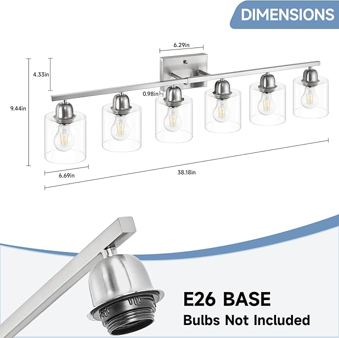 Brushed Nickel Vanity Light, 6 Light Bathroom Lighting Fixtures Over Mirror with Clear Glass, 38 inch Bathroom Light for Oversized Mirrors, E26 Socket