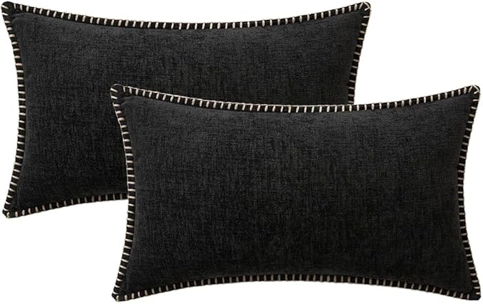 MIULEE Pack of 2 Couch Throw Pillow Covers 12x20 Inch Black Farmhouse Decorative Pillow Covers with Stitched Edge Soft Chenille Solid Dyed Spring Pillow Covers for Sofa Bed Living Room