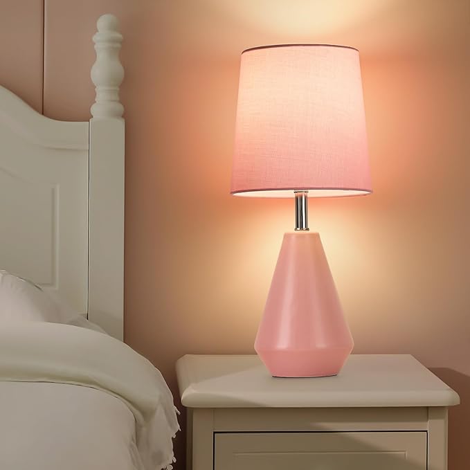 Small Bedside Table Lamp for Bedroom-Reading Desk Lamp Set of 2,with 3 Color Temperatures,15.5" Nightstand Ceramic Lamp with Fabric Shade for Kids Room,Living Room,Dorm,Home Office(Pink)