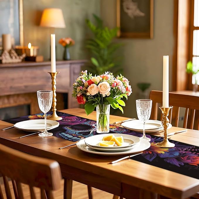 ANNA QUEEN Flowers Table Runner 13 x 72 Inch for Dining Table, Table Runner for Spring & Holiday Dining Decor Indoor Outdoor Party Home Table Decoration (Skull Flowers)