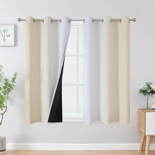 Estelar Textiler Beige and Greyish White Ombre Blackout Curtains 45 Inch Length 2 Panels, Full Room Darkening Gradient Drapes for Kitchen, Thermal Insulated Grommet Short Curtains for Bathroom,42Wx45L