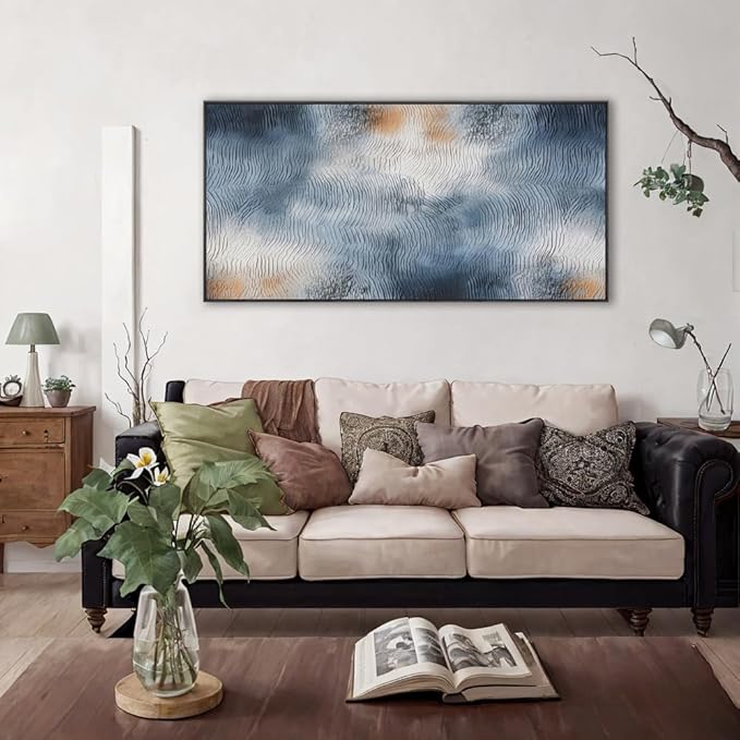 youkuart Wall Art Water Inspired Ripple Abstract Wall Decor Blue Orangen Modern Artwork for Living Room Bedroom Dining Room Home Office Decor Large Framed Ready to Hang 24"x48"