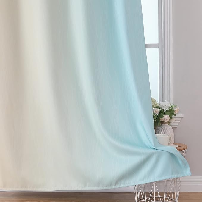 Estelar Textiler Beige and Aqua Ombre Blackout Curtains 54 Inch Length 2 Panels, Full Room Darkening Gradient Drapes for Kitchen, Thermal Insulated Grommet Short Curtains for Bedroom, 42Wx54L