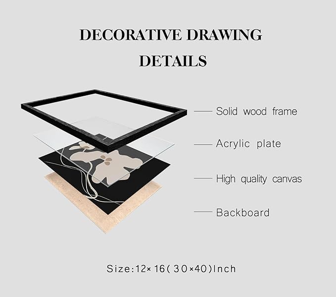 3Pcs Framed Canvas Wall Art Paintings Modern Botanical Prints Abstract Floral Posters Black and White Gallery Wrap Artwork for Living Room Bedroom Bathroom Office 12x16 Inch