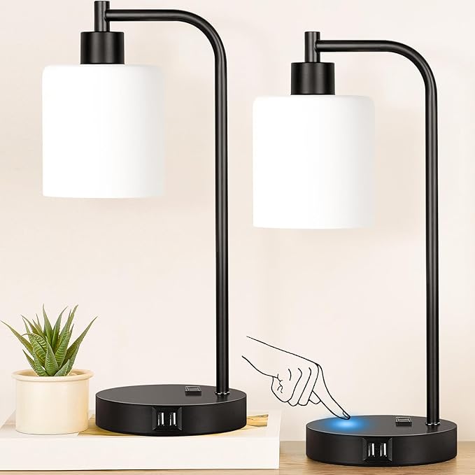 Set of 2 Industrial Touch Control Table Lamps with 2 USB Ports and AC Outlet - 3-Way Dimmable Black Bedside Lamp Nightstand Desk Lamps for Bedroom Living Room, Opal Glass Shade & 2 LED Bulbs Included