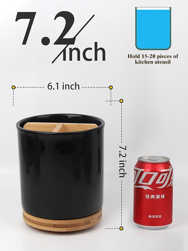 LoeJan 3 Compartment Utensil Holder, Extra Large Utensil Crock, Stable Ceramic Utensil Organizer, Cooking Tool Organizer Set for Kitchen Counter Farmhouse Decor (D-Black(Grossy))