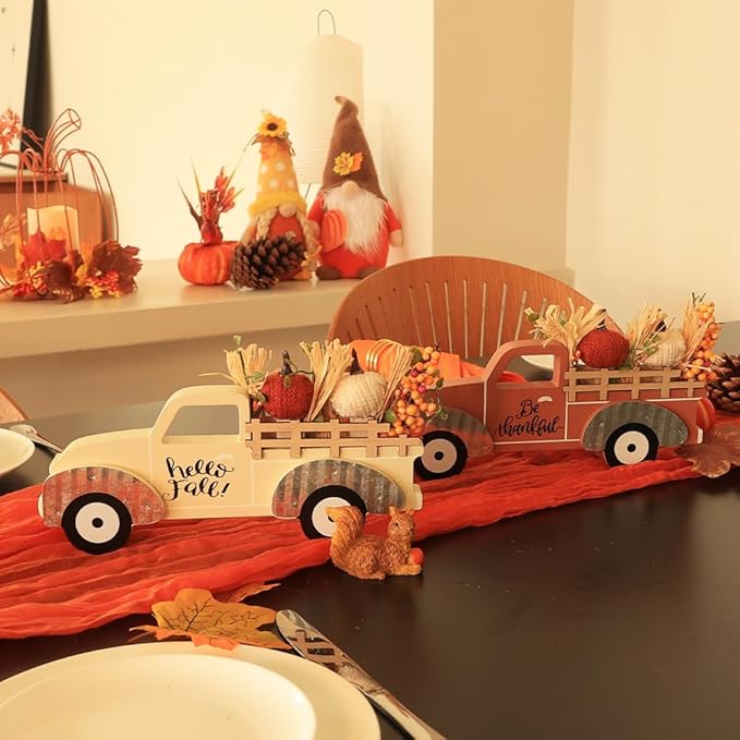 NEEDOMO Fall Decorations for Home, Large Size 2 Pack Wood Truck with Pumpkin Fall Decor, Decorative Wooden Truck Set for Room, Table, Tiered Tray, Mantel, Thanksgiving Decorations