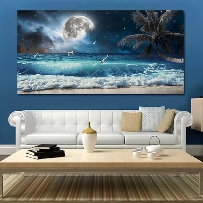 Yxbhhym large Moon Ocean Wall Art Seascape Sea Wall Pictures Canvas Beach Prints Poster Scenery Ocean Paintings Palm Artwork for Bedroom Modern Framed Office Wall Art Living Room Decor-30x60inches