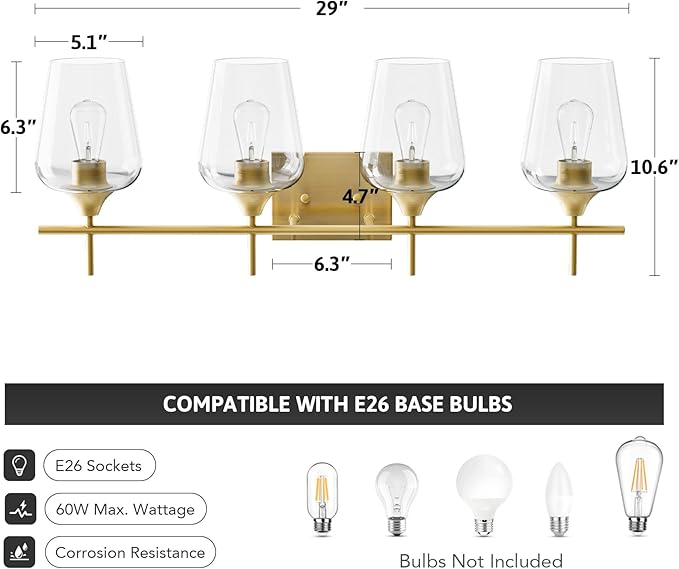 VONLUCE Bathroom Vanity Light, 4 Light Bathroom Light Fixture Over Mirror, Bathroom Wall Lamp with Clear Glass, Modern Gold Vanity Lighting fixtures for Bathroom, Bedroom, Hallway