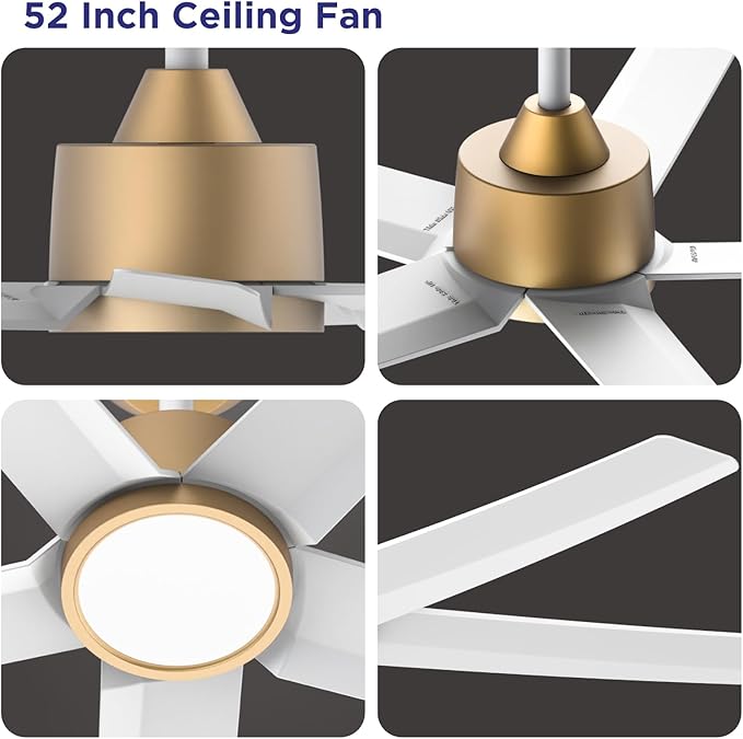 ocioc 52 inch Ceiling Fans with Lights and Remote Control Ultra Quiet DC Motor 3 Color Temperatures Modern Ceiling Fan for Bedroom Kitchen Indoor Covered Outdoor Gold