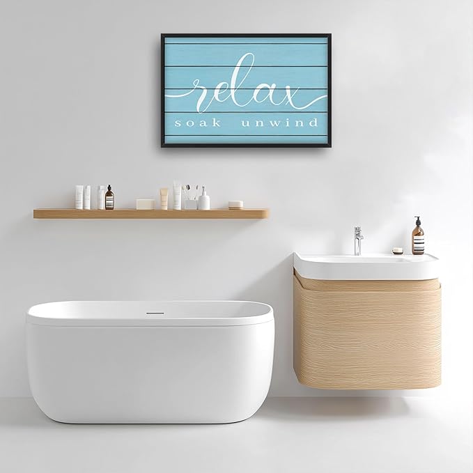 Lovira Relax Soak Unwind Large Wall Art Bathroom Blue Canvas Wall Decor Pictures Prints Painting Framed Home Artwork for Bathroom 24"x36"