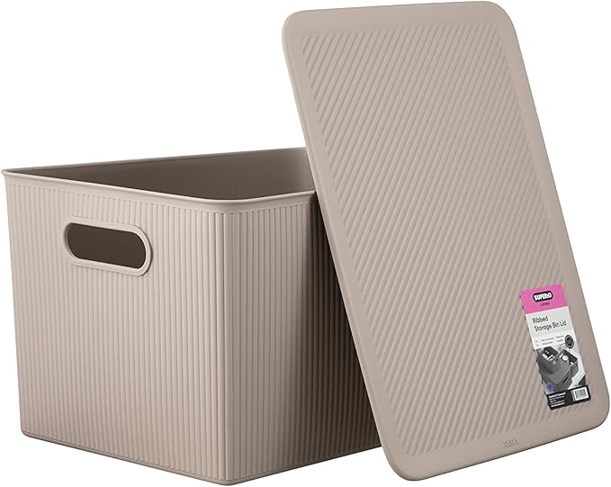 Superio Ribbed Collection - Decorative Plastic Lidded Home Storage Bins Organizer Baskets, X-Large Taupe (2 Pack - 22 Liter) Stackable Container Box, for Organizing Closet Shelves Drawer Shelf