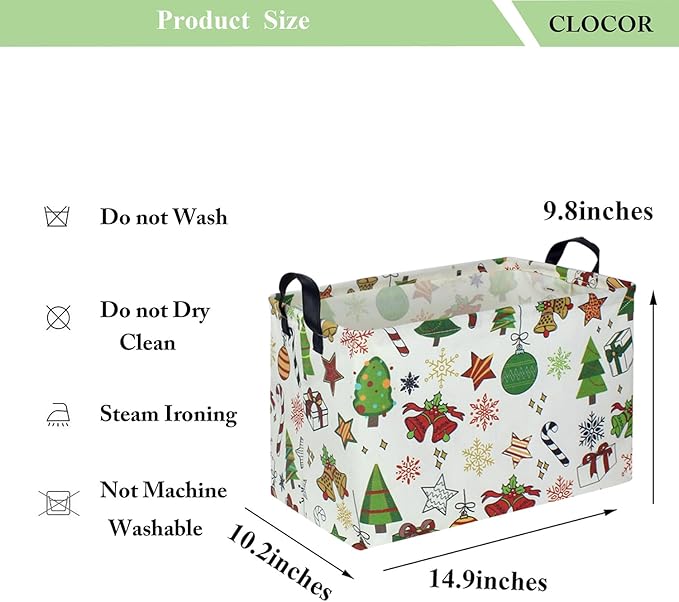CLOCOR Rectangular Christmas Basket,Cute Pattern Christmas Gifts Basket Empty,Waterproof Christmas Storage Box with Handles,Kids Room Decor(Gift Basket)