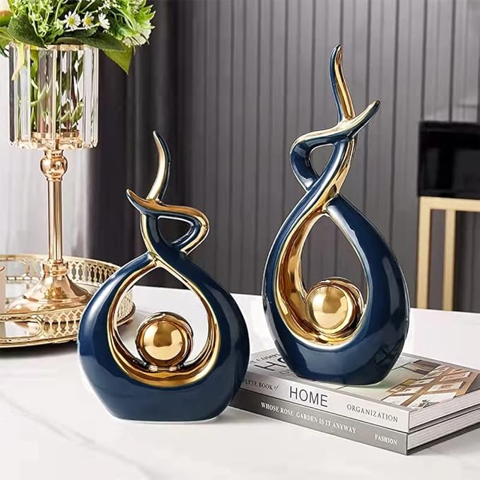 Norrclp Home Decor Modern Abstract Art Ceramic Statue Table Decorations for Dining Room Living Room Office Centerpiece (Blue and Gold, Large)
