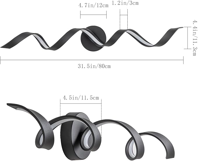 Dimmable Modern LED Bathroom Vanity Lights 32 inch, 20W Spiral Design Black Wall Light Fixtures for Bathroom, Living Room and Hallway, 6000K White Light