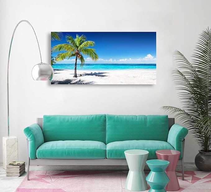 Baisuart-Large Canvas Wall Art Summer Ocean Waves Coconut Trees on Sands Beach Seascape Painting Sea Nature Pictures for Living Room Home Office Wall Decor Artwork