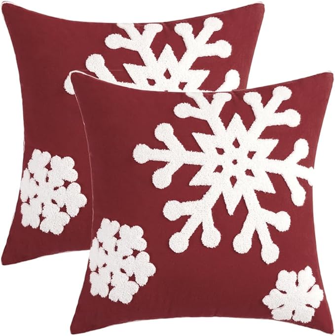 MIULEE Pack of 2 Christmas Decorative Snowflake Throw Pillow Covers Canvas Embroidery Winter Cushion Cases Holiday Decor Soft Pillowcases for Winter Couch Sofa Bedroom Car(Burgundy, 18x18in)