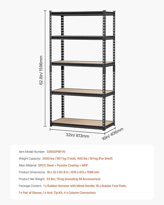 VEVOR Storage Shelves, 2000 lbs, 5 Tier Garage Storage Shelving, 16" D x 32" W x 62.8" H Adjustable Metal Shelves for Garage Shelves Utility Rack Shelf, Ideal for Kitchen, Warehouse, Basement, Black