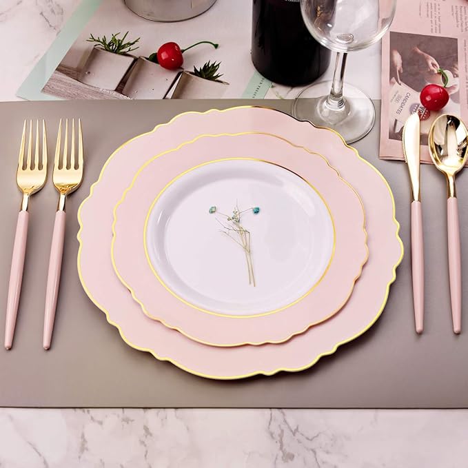 WDF 30Guest Pink Plates Disposable - Hign-end Baroque Design - Gold Plastic Silverware with Handle-Baroque Pink &Gold Plastic Dinnerware for Wedding/Baby Shower