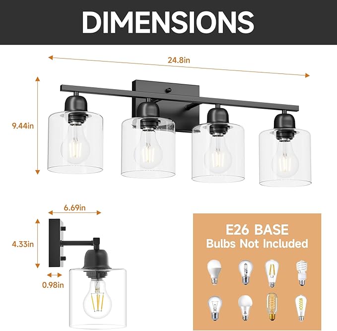 Black Vanity Lights for Bathroom 4 Light, Black Bathroom Light with Clear Glass, Wall Lights for Mirror Living Room Bedroom Hallway E26 Base